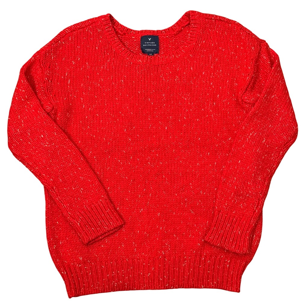 American Eagle Vintage Boyfriend Red Holiday Sweater (S) Metallic Winter Bright
